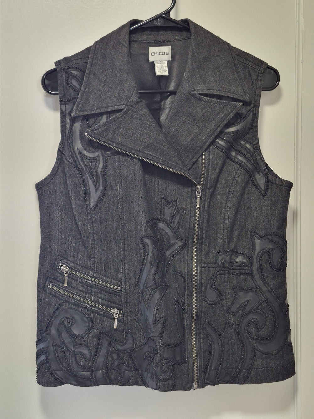 Chico's Dark Gray Embroidered Moto Vest